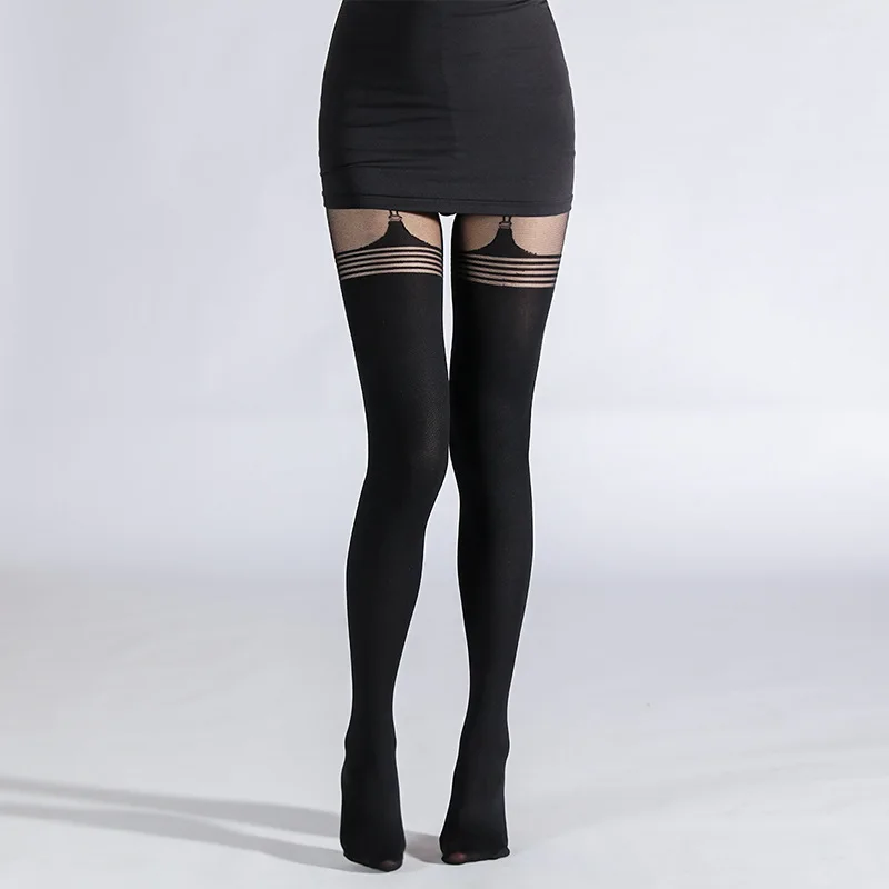 Summer Fashion Jacquard Women's Black Pantyhose Thin Sexy False Suspenders Stockings Hottie Spice Personality Nylon Tights