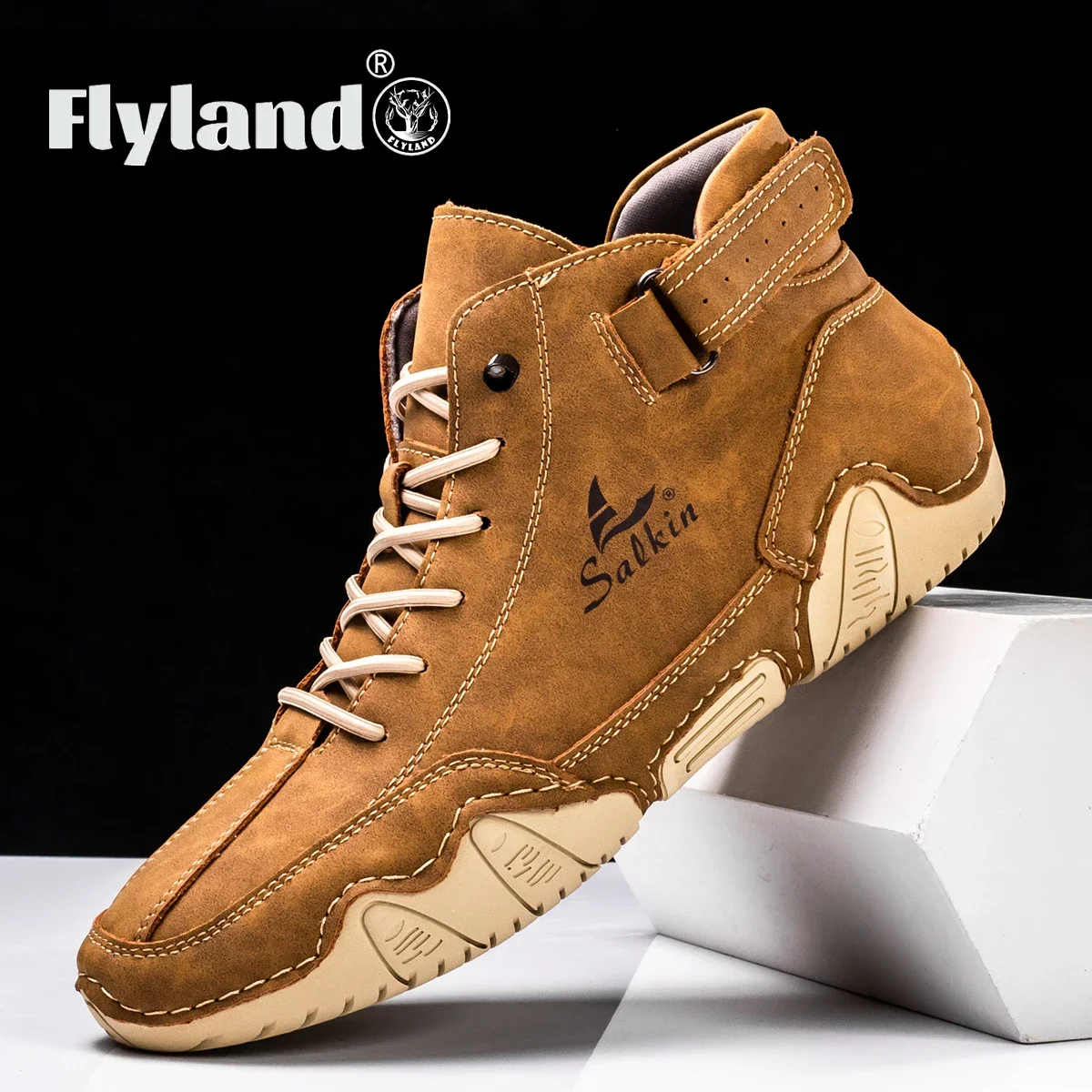 FLYLAND Men's Fashion Vintage Hand Stitching Soft Business Casual Leather Chukka Boots Handmade Shoes Daily Work Office Shoes