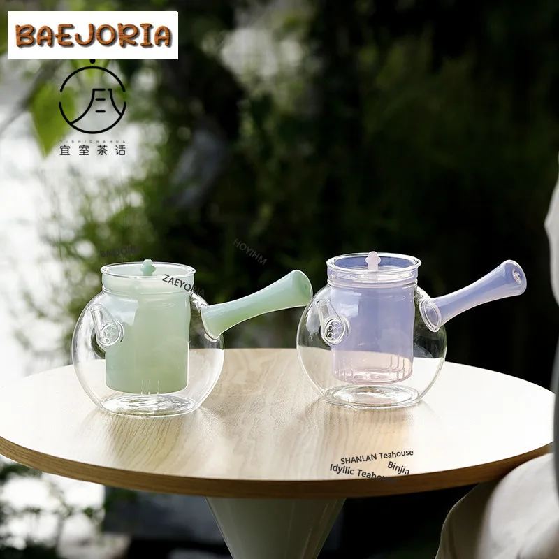 BAEJORIA 930ml Luxury Purple Glass Side Handle Boiling Water Kettle Boutique Large Capacity Tea Maker Pot Healthy Tea Kettle Cha