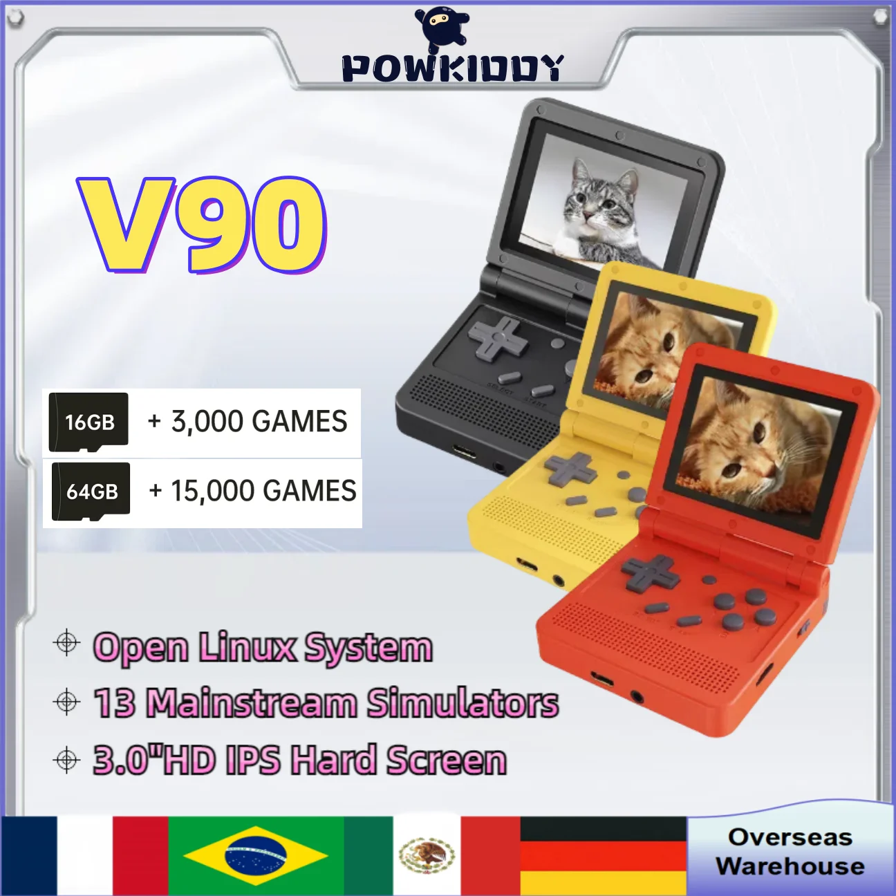 

POWKIDDY V90 Handheld Game Consoles 3-Inch IPS Screen Flip Black Version Open System Game Console 16 Simulators Children's Gifts