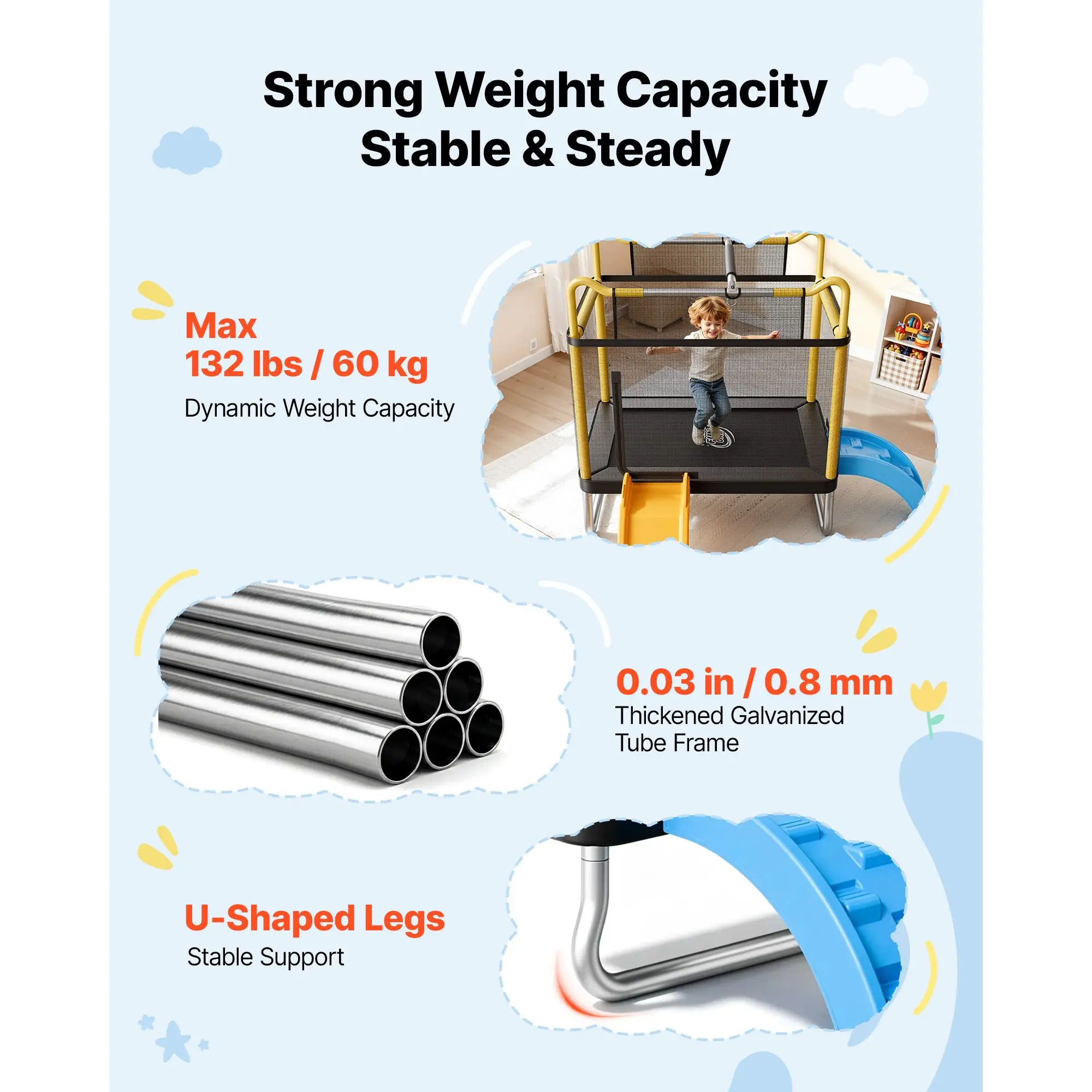 Trampoline for Kids, Toddler Mini Trampoline, 132 lbs Capacity Indoor Outdoor Play Toys with Enclosure Net, Slide, and Ring, Easy to Assemble, Christmas Toys Birthday Gifts for Girls Boys