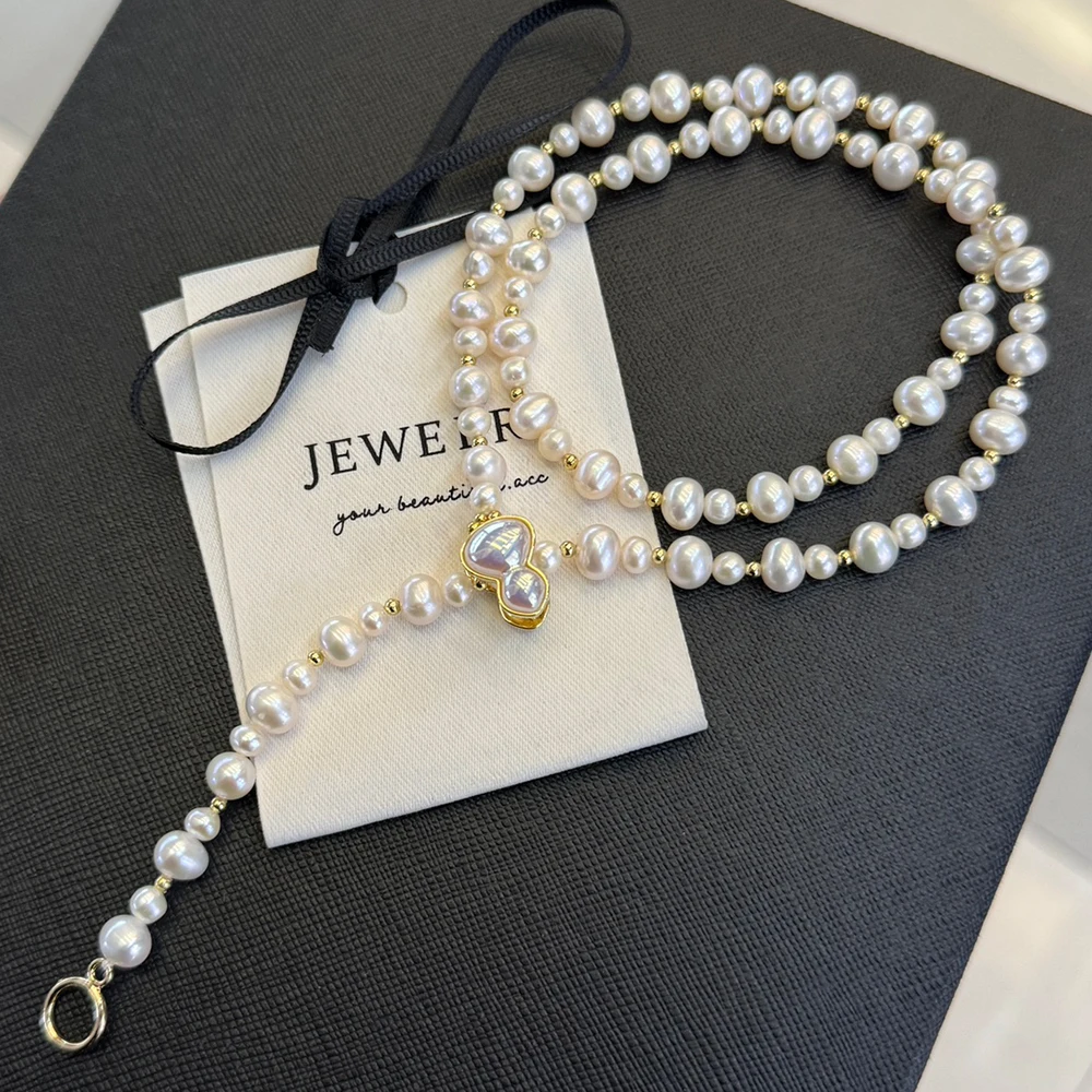 4-7mm High Luster Real Freshwater Pearl Sweater Chain with Gourd Clasp for Fortune and Prosperity 55cm Multiple Styling Options