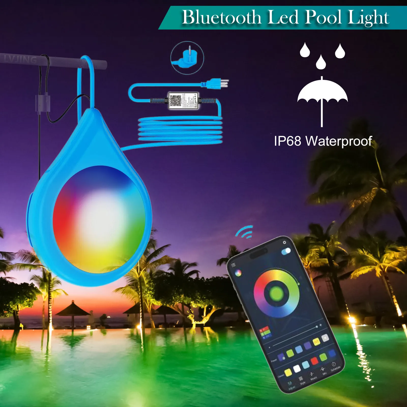 Newest 15W LED Pool Light with APP Control RGB Dimmable IP68 Waterproof Music Synchronized Color Changing UnderWater Spotlight
