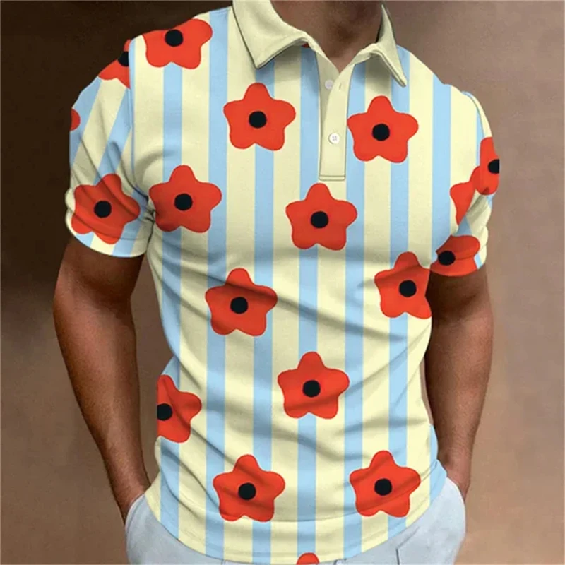 Plain Men\'s Polo Shirt Fashion 3D Printed Flower Pattern Lapel Short Sleeve Top Summer New Leisure Street Breathable Clothing