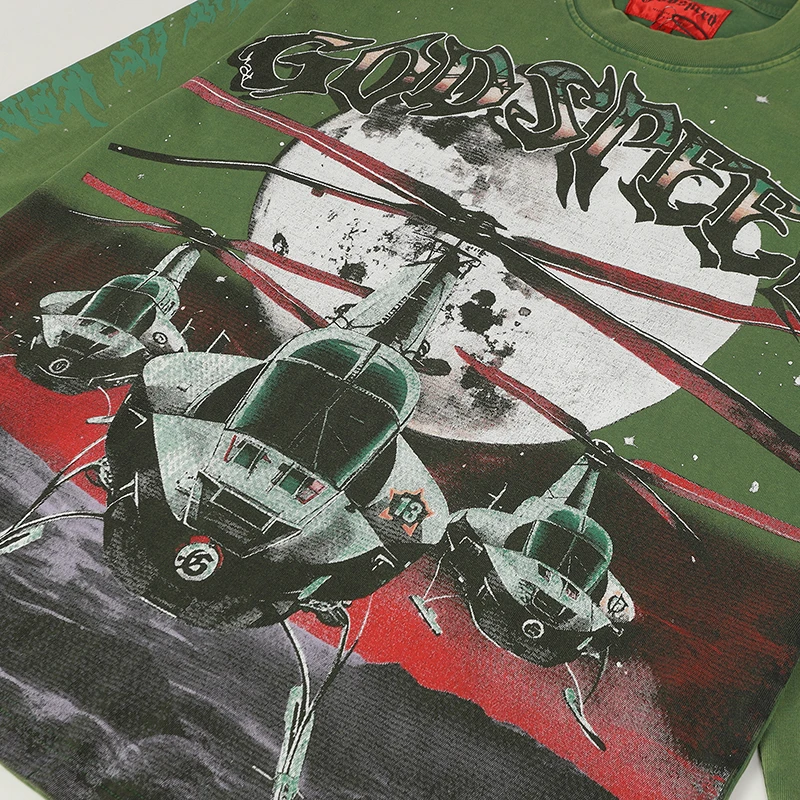 غسلها القطن Godspeed بأكمام طويلة تي شيرت كلاسيكي أسود أخضر هليكوبتر طباعة الأبيض النافثة للحبر الجولة الرقبة القمم Y2K ملابس للرجال #4