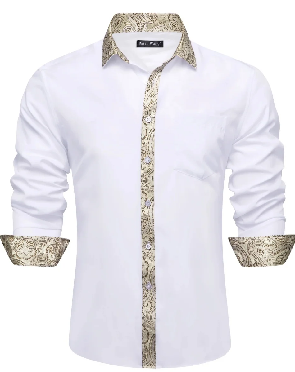 

2025 Luxury men's shirt Long sleeve White Brown Solid Paisley Patch Slim fit men's shirt casual lapel Barry Wang