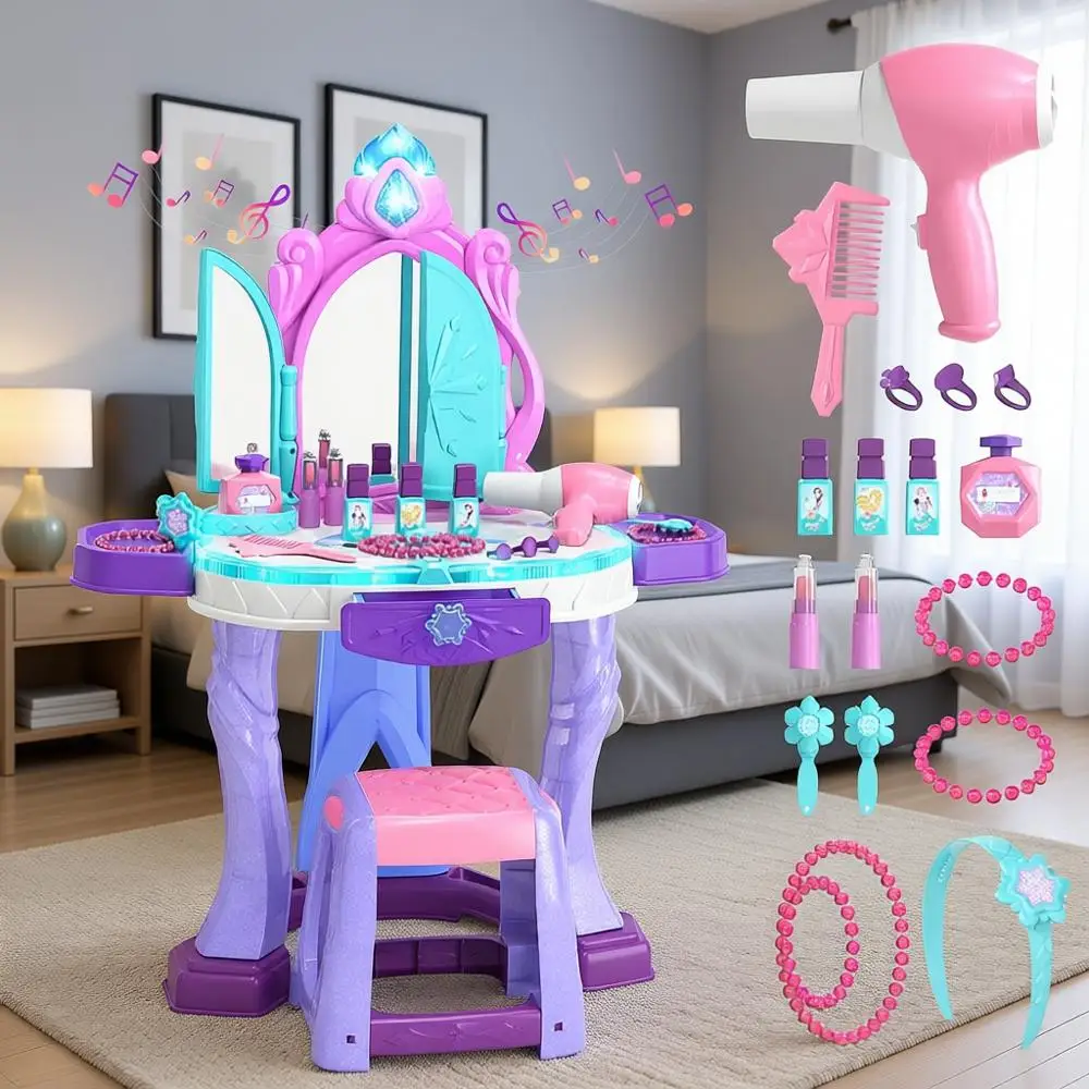 

Детский туалетный столик с зеркалом, табуретом, подсветкой и музыкой для ролевых игр, подходит для детей 3-5 лет