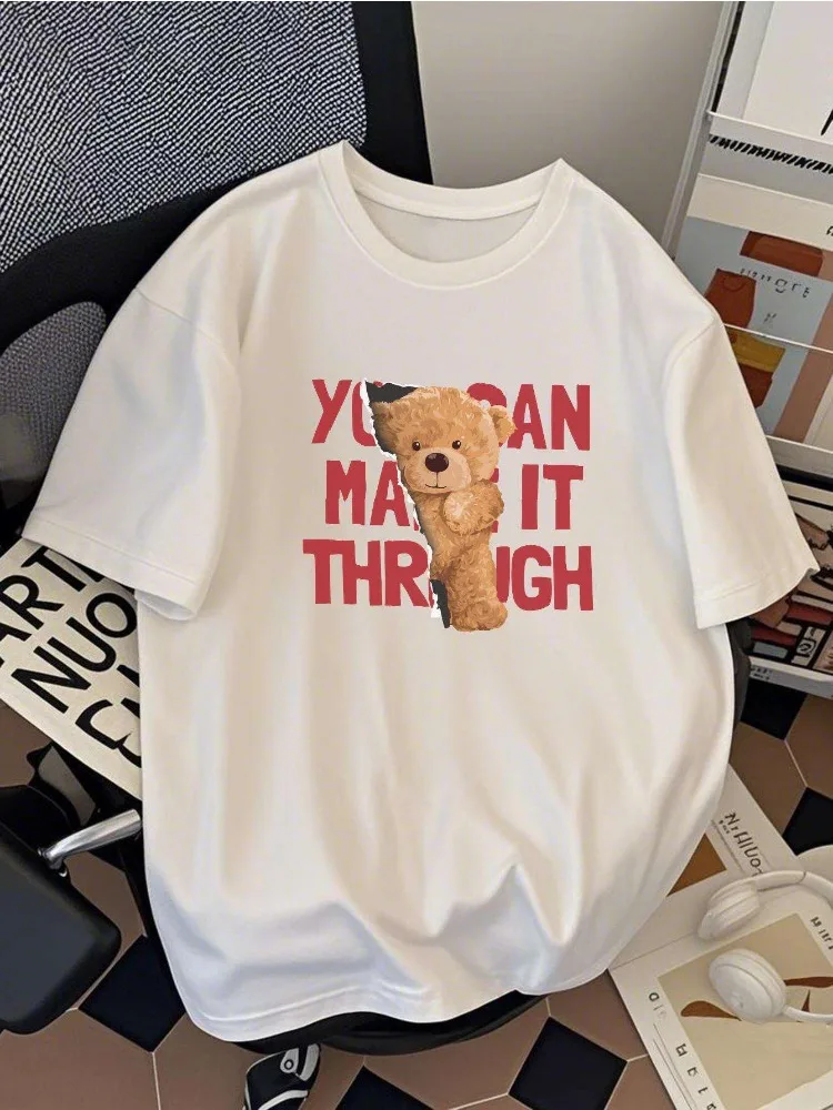

LadiesPure Cotton T-shirt Cute Teddy Bear and You Can Make It Through Printed Neutral Street Casual Round Neck Short Sleeved Top