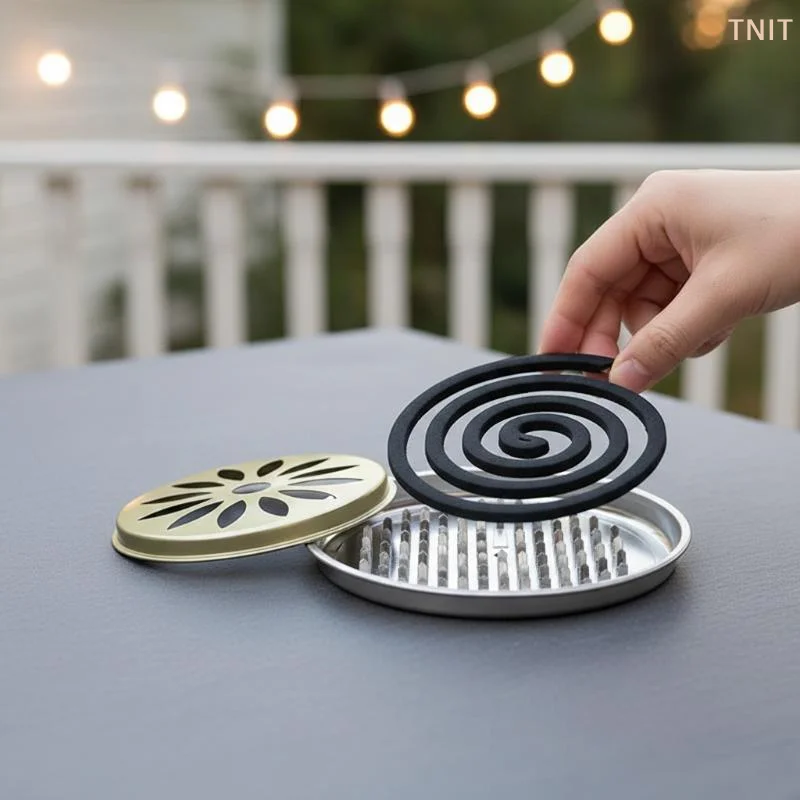 [J] Stainless Steel Mosquito Spiral Holder Box With Lid Fireproof Mosquito Coil Burner Safe Windproof Mosquito Repellent Tray