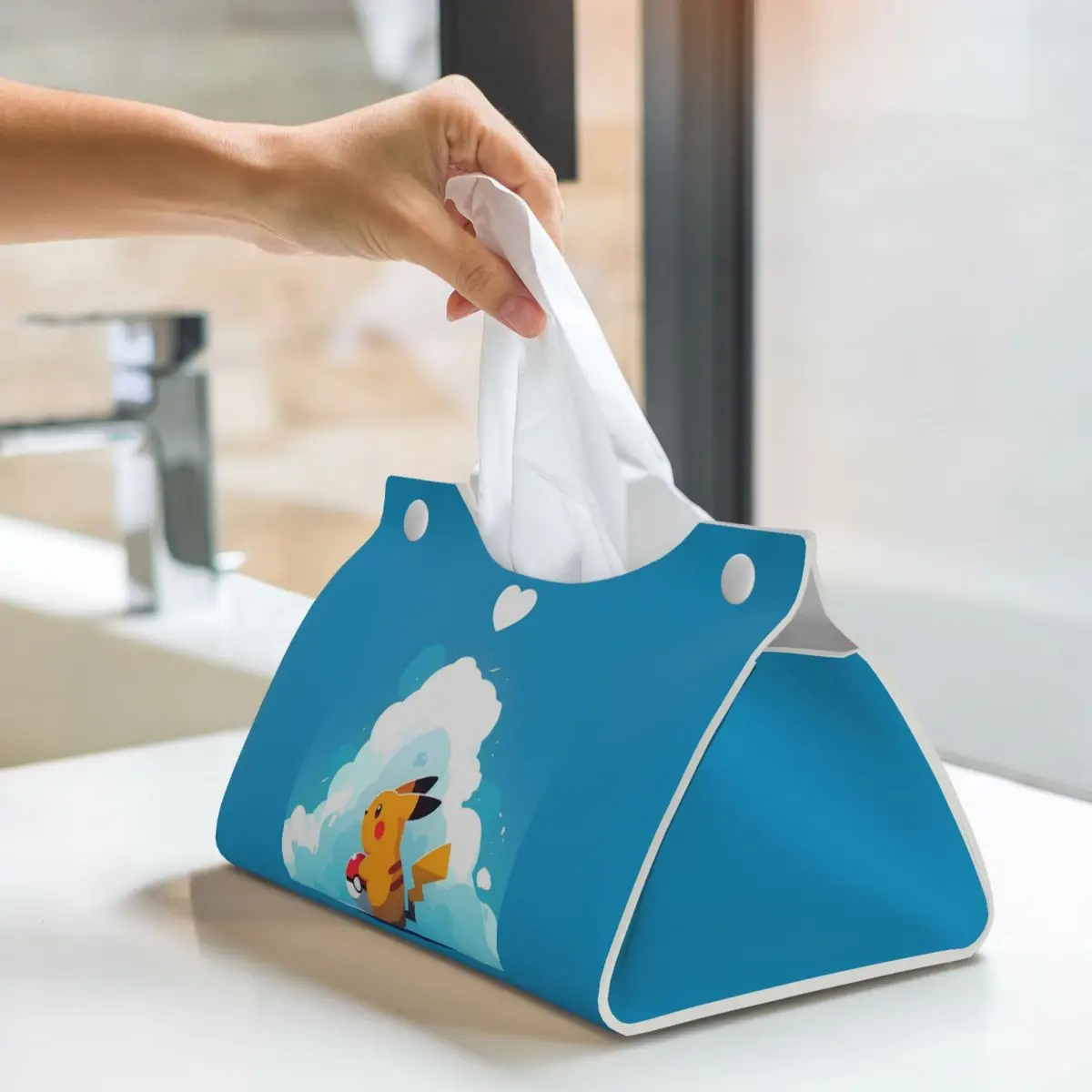 Custom Bikachus Tissue Box Holder Rectangular Series Video Games PU Leather Facial Tissue Box Cover for Car Bathroom