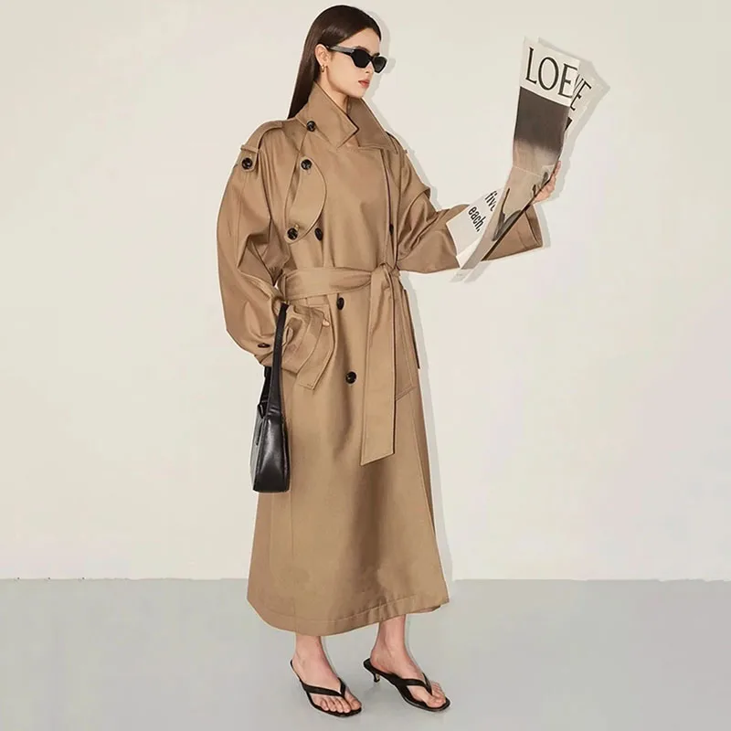 2024 Spring And Autumn New Double-Breasted Trench Coat Women's Fashion Tren Loose Over The Knee Mid-Long Coat Simple Commute