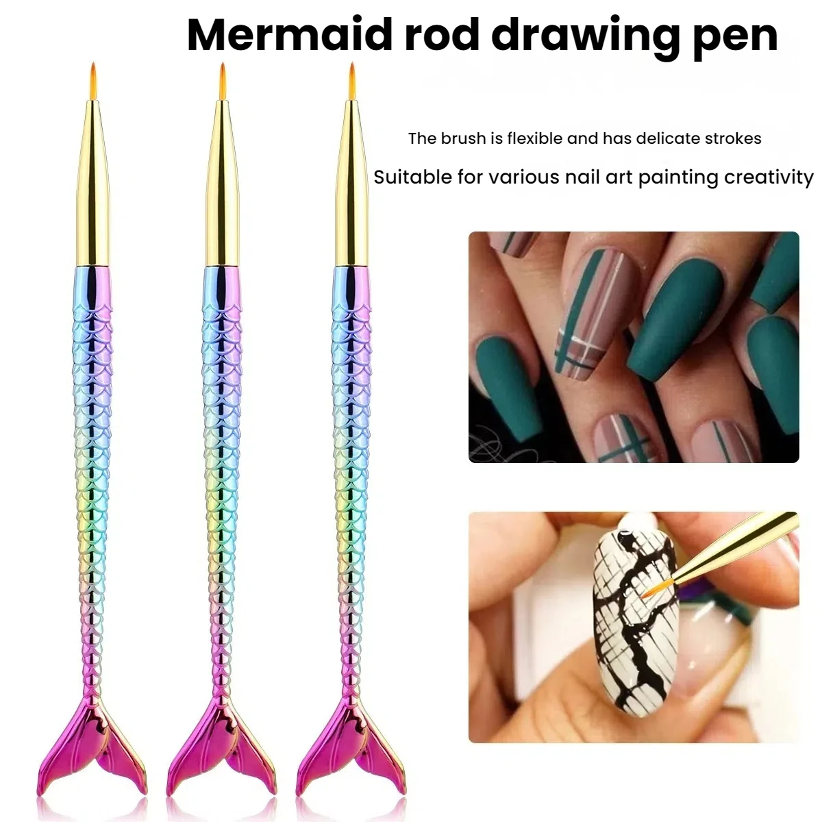 3Pcs Nail Art Liner Brush Set Gradient Electroplated Fish Tail Rods 3D French UV Gel Ultra thin Lines Manicure Painting Tools