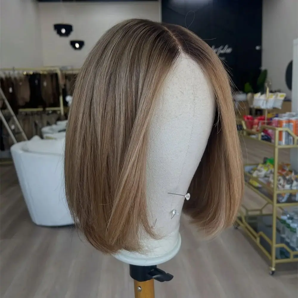 

12 Inch Short Bob Wigs for Women Ombre Brown Straight Wig Middle Part Small Cap Lace Front Wigs Synthetic Hair with Dark Roots