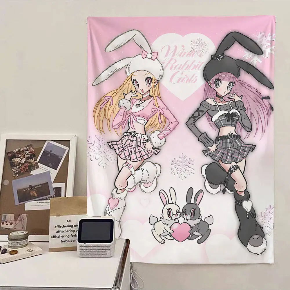 VIKAMA Maid Outfit Girls Wall Tapestry Sweet Pink Kawaii Wall Hanging Backdrop Anime Style Dorm Bedroom Wall Decor
