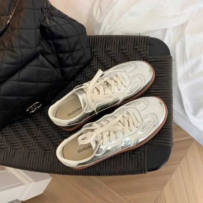 

Pop Women Outdoor Silver Jogging Sneakers Casual Skateboard Flats Walking Shoes Lace Up Elastic Tennis Athletic Trainers Footwea