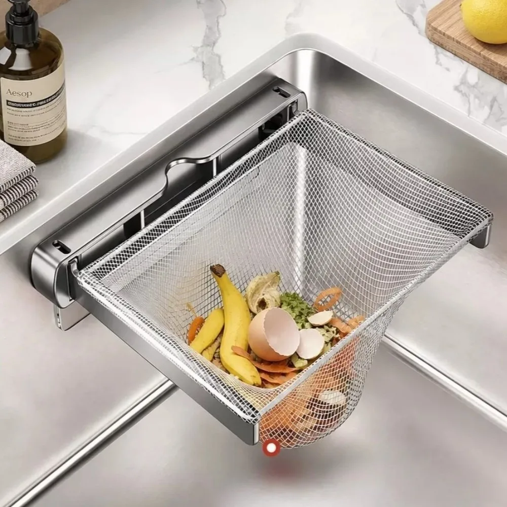 Stainless Steel Sink Strainer Holder Foldable Disposable Filter Mesh Sink Filter Rack Wall Mounted Food Residue Drain Basket