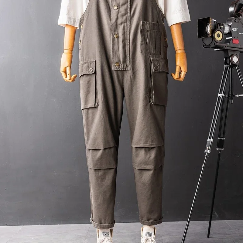 Multi-Pocket Summer Cargo Pants Men Japanese Vintage Overalls Single Breasted Loose Strap Jumpsuits Hip Hop Casual Mens Rompers