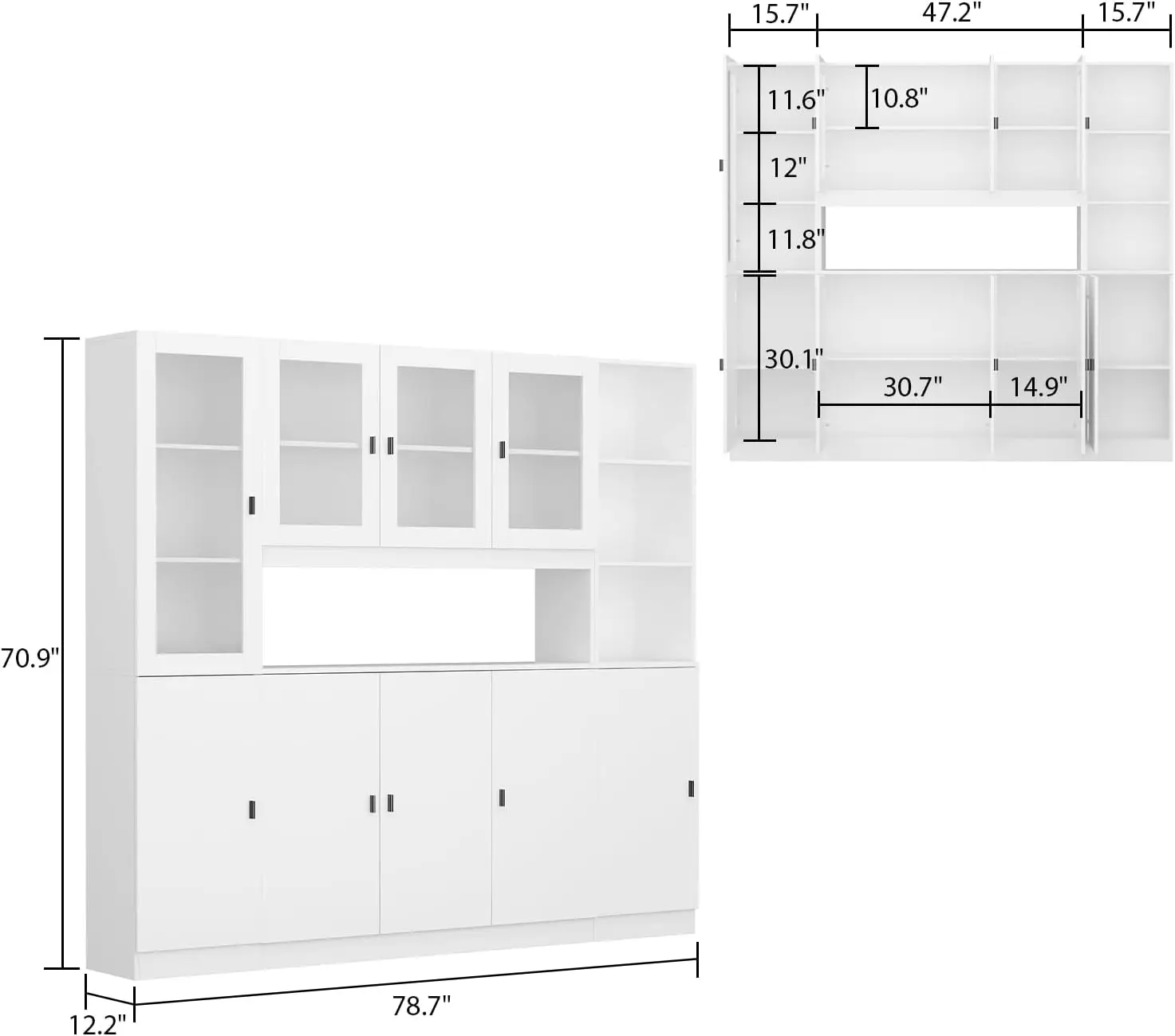 Estantería alta con puertas de vidrio, conjunto de gabinete de almacenamiento grande de 3 piezas, estantería de oficina en casa con puertas, sala de estar, blanco tipo D