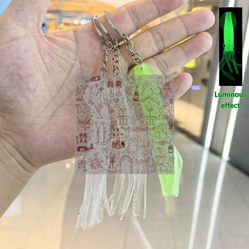 Unique Keychain Simulated Squid Fishing Lure Luminous Keyring Bag Pendant Jewelry Backpack Decoration Accessories Friend Gift
