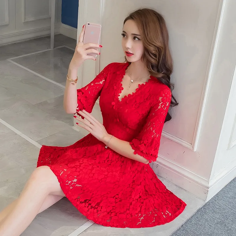 Red Lace V Neck A-Line Solid Hollow Out Half Sleeve Mini Dress 2022 Spring Summer Women Sexy Elegant Casual Short Party Dresses