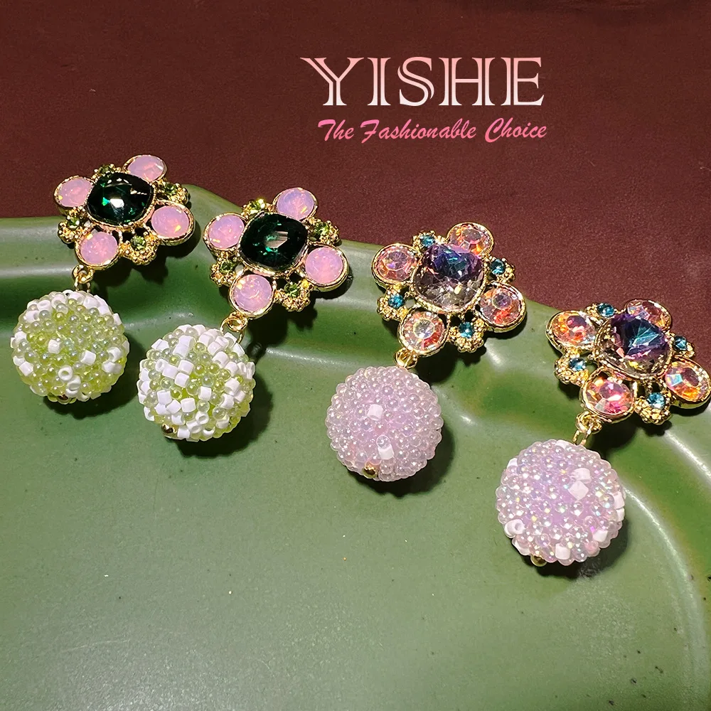 New Chinese vintage colorful candy color copper plated real gold earrings retro color snowball premium sense middle ancient ears