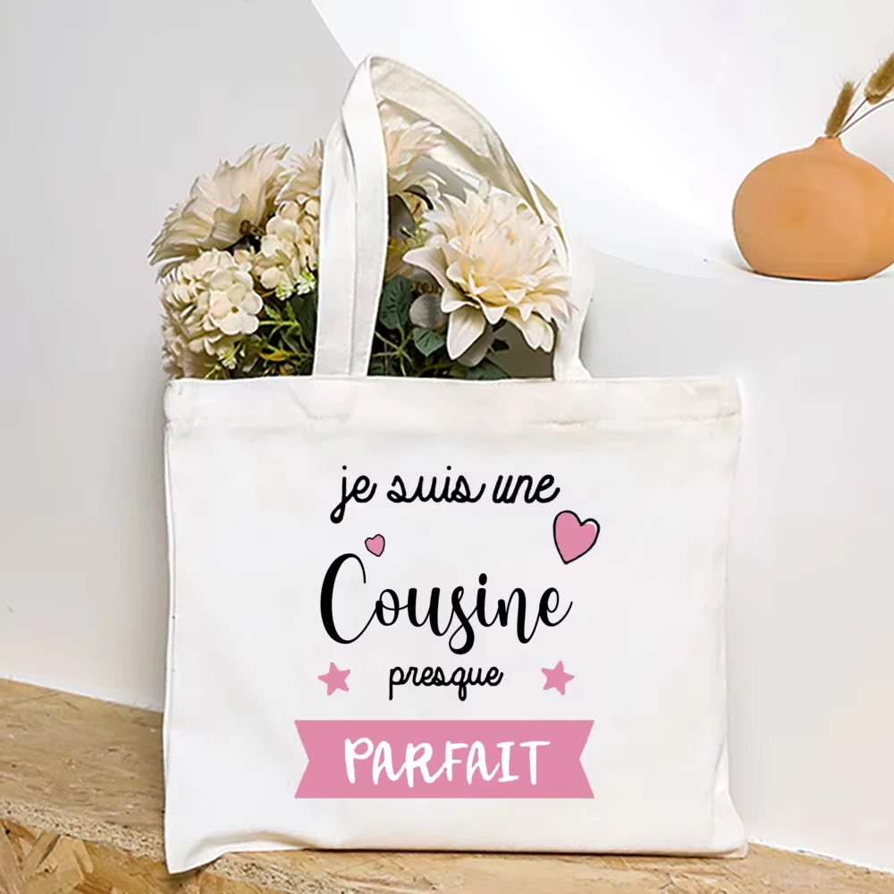 French Cousines Print Canvas Shoulder Bag Female Shopping Tote Women Travel Handbags Eco Reusable Storage Pouch Gifts for Cousin