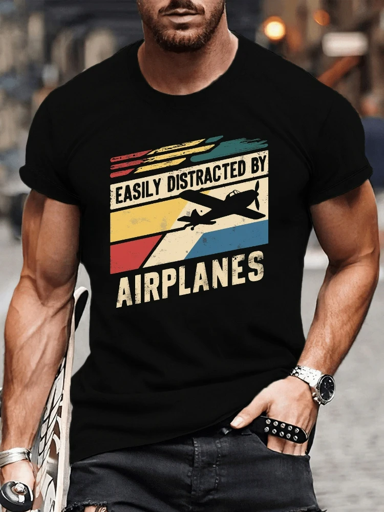 Easily Distracted by Airplanes pattern design -100% cotton summer O-neck short sleeve casual printed men's T-shirt.