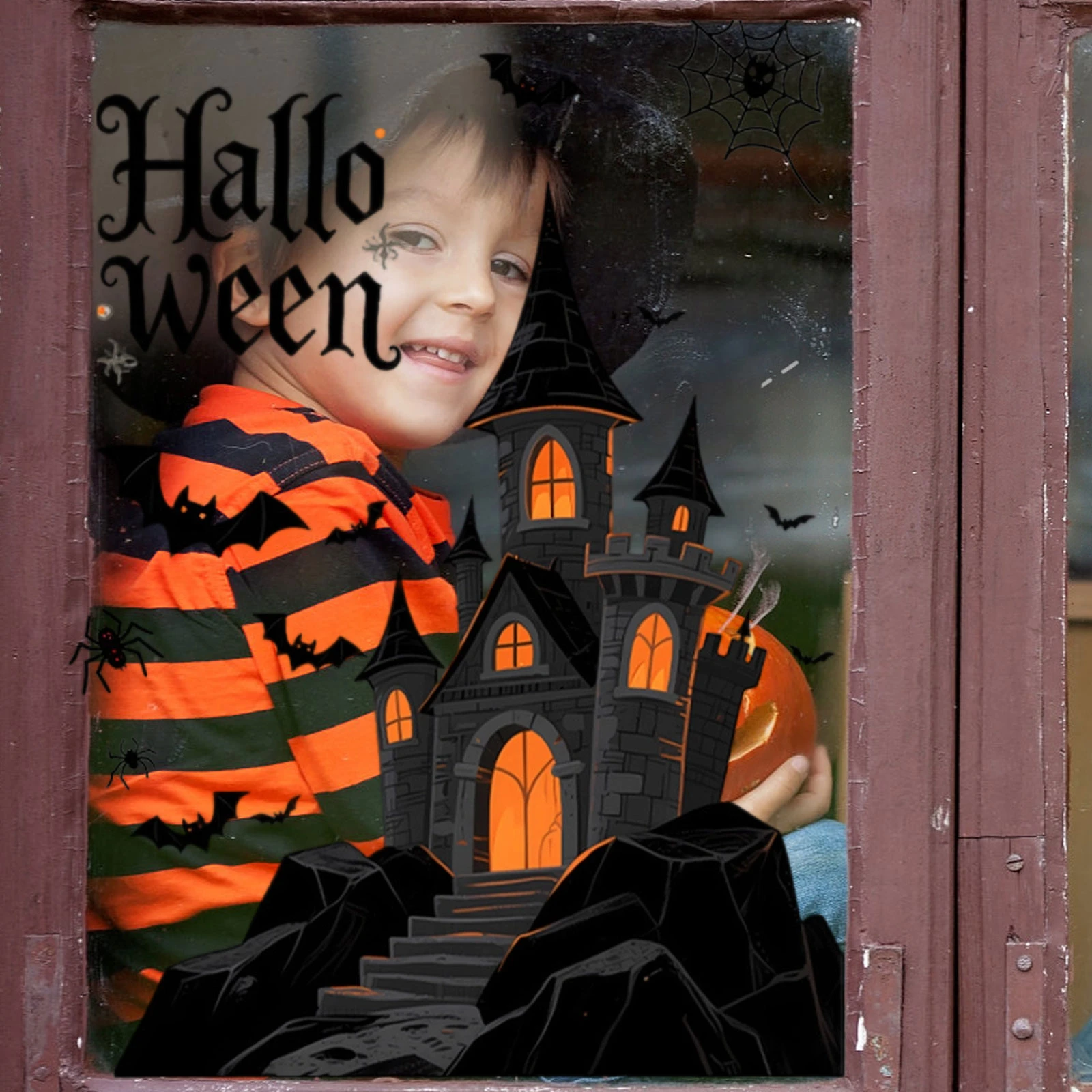 ملصقات نافذة جديدة على شكل قلعة الهالوين وخفاش شبكة العنكبوت لغرفة المعيشة على الوجهين لاصق ثابت خالٍ من الإزالة وقابل للإزالة