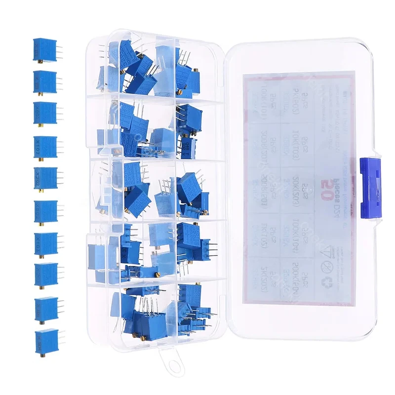 50Pcs/Box 10-Value 3296X Multiturn Trimmer Potentiometer Assorted Kit