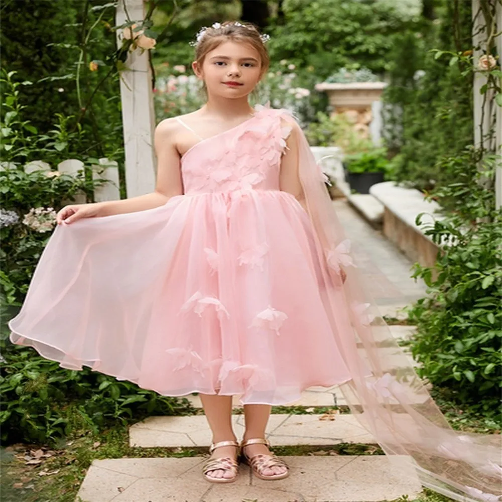 Customize Flower Girl Dress Elegant Pink Single shoulder Formal Occasion Wedding Birthday First Communion Pageant Party