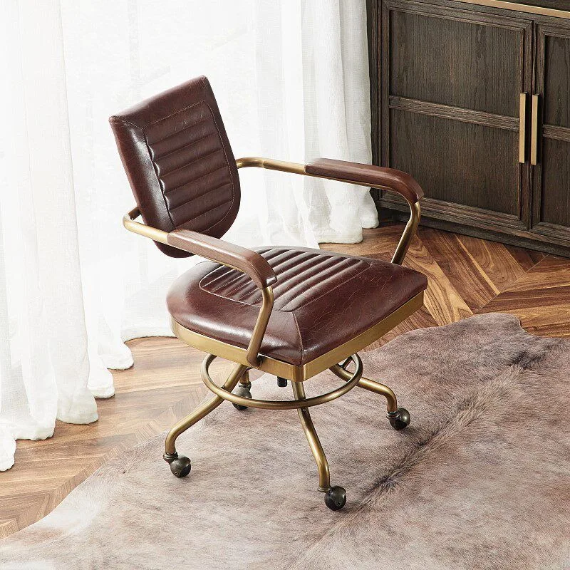 Retro leather office backrest boss chair, study desk chair, home comfortable lifting rotating chair, bedroom computer chair