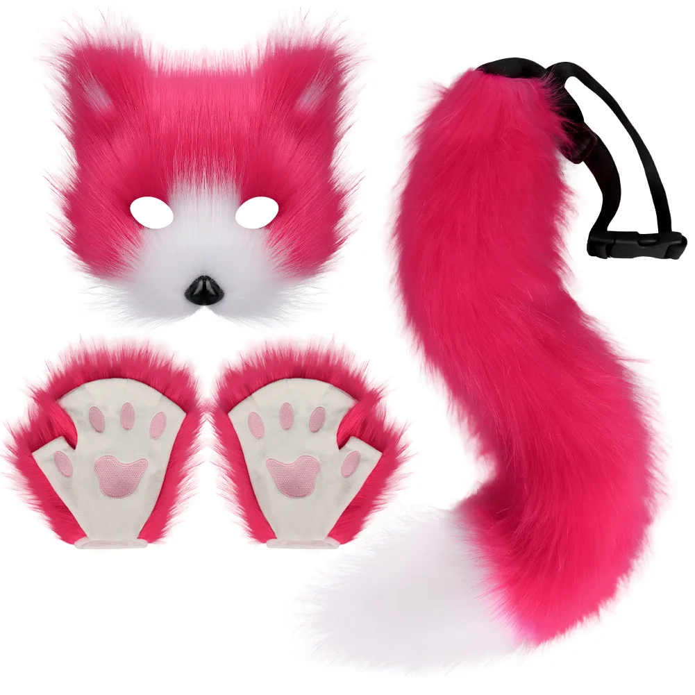 3PCS Girls Women Fake Fur Fox Tail Cat Wolf Role Playing Halloween Cosplay Props Accessories Costume Set Plush Masks Gloves
