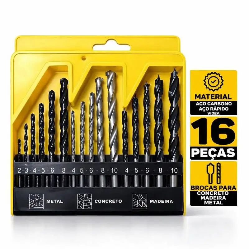 Conjunto de Brocas para Madeira 2mm 3mm 4mm 5mm 6mm 8mm 10mm, Broca de Metal com Ponta de Carboneto, Haste Plana para Concreto, Pedra e Tijolos