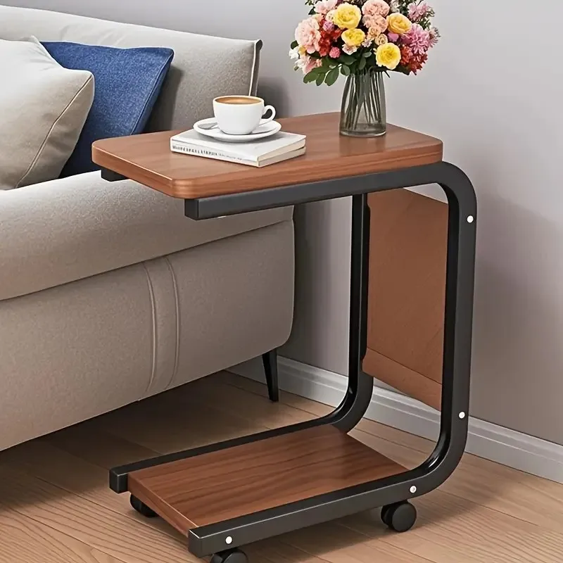 قطعة واحدة من طاولة جانبية متدحرجة بنية مع حقيبة تخزين - طاولة من الخشب الصلب، مكتب على شكل حرف C للأريكة وجانب السرير، طاولة ميزة الإطار المعدني #5