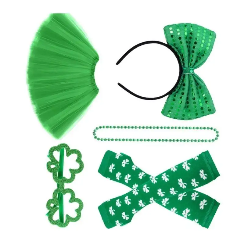 

652F Long Gloves Patrick's Day Costume Accessories Glasses Beads Headbands Necklaces Tutu Skirt