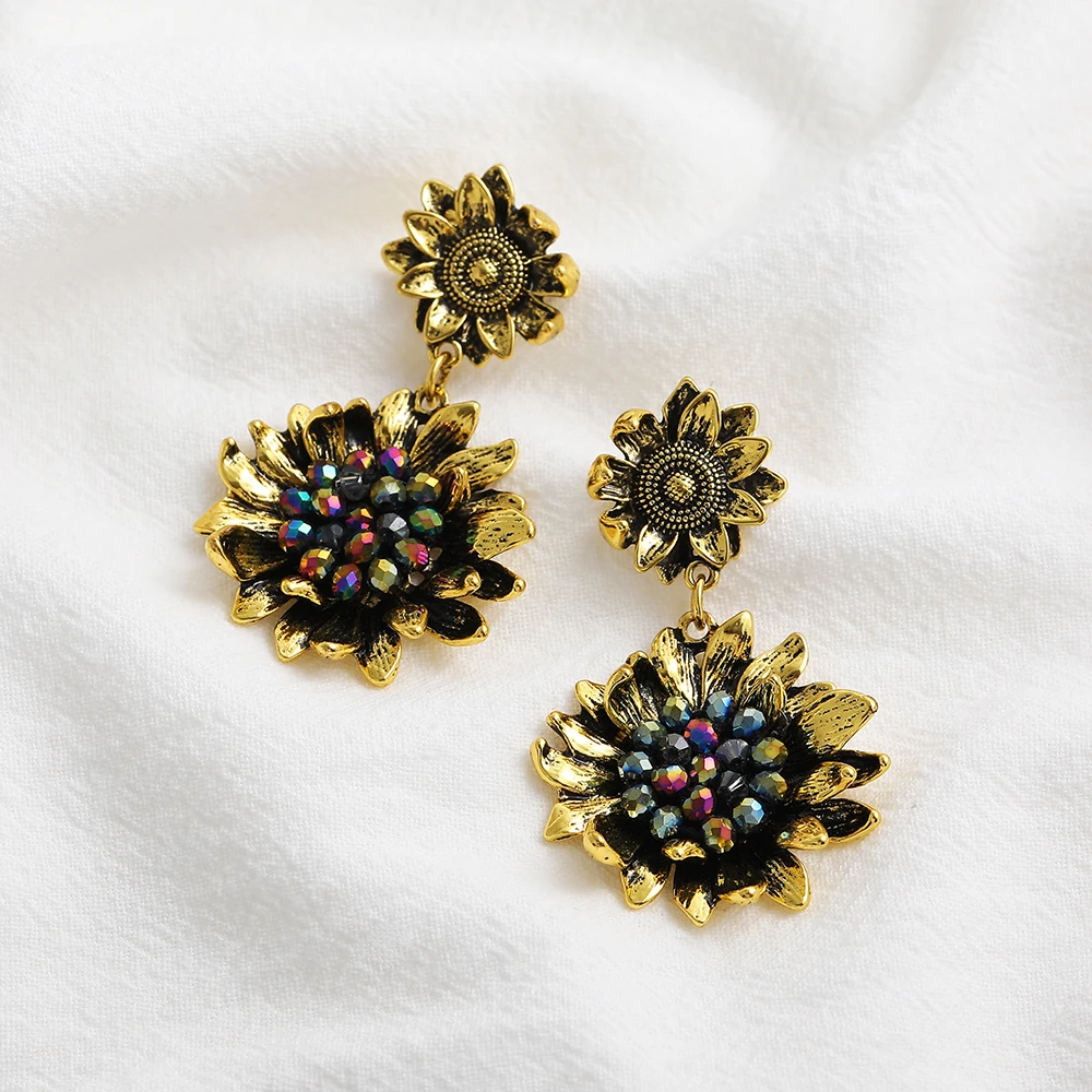 Oversized Antique Gold Plated Sunflower Pendant Drop Dangle Earrings for Women Colorful Beaded Flower Statement Vintage Jewelry