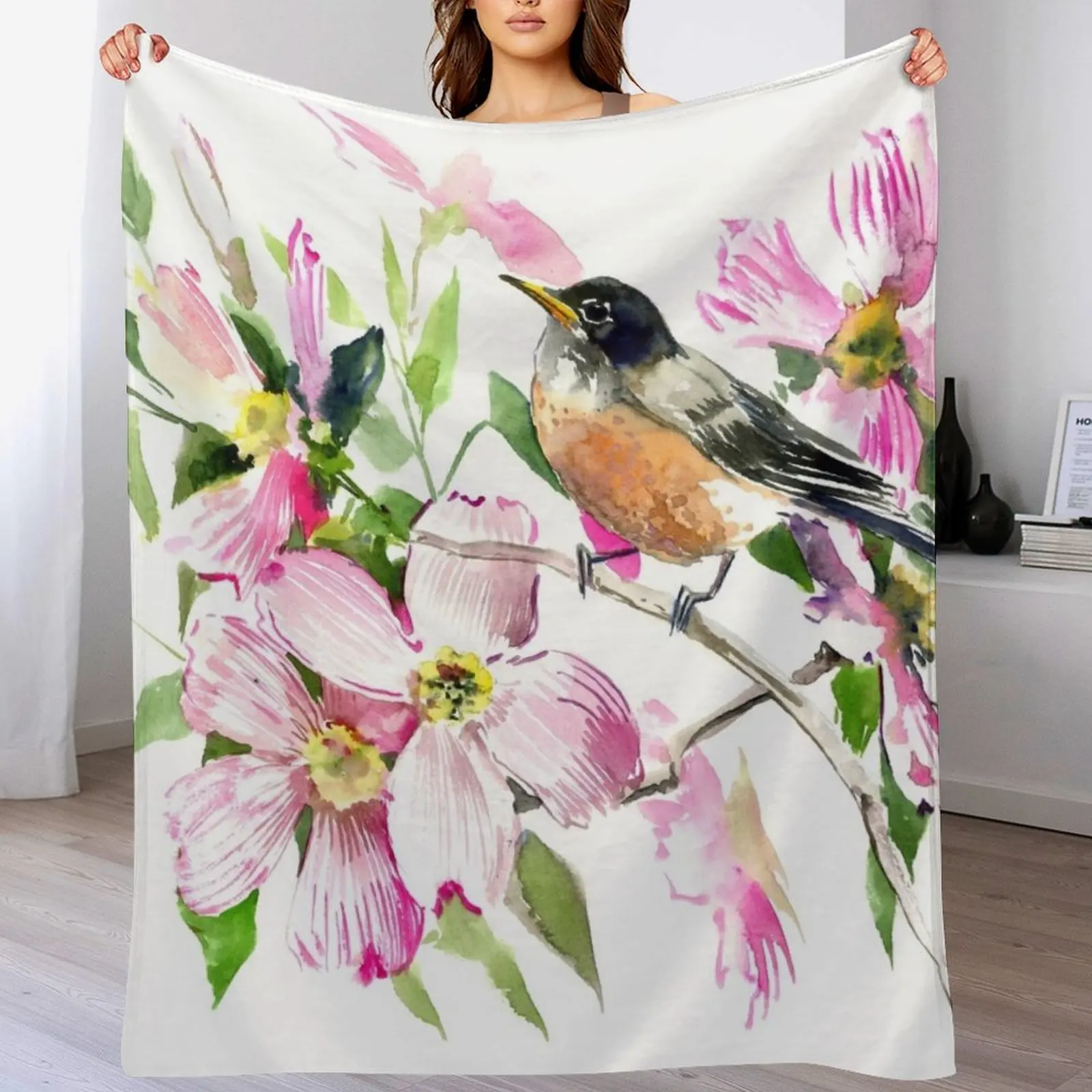 

American Robin and Dogwood Flowers Throw Blanket Warm anime heavy to sleep Blankets