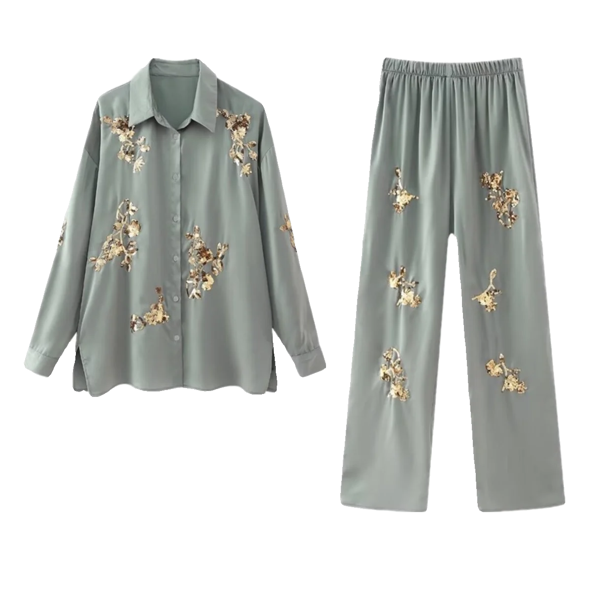 

Spring 2024 Women's Slimming Long Sve Sequin irt High Waist Pants Versatile Faion Set Ele Design Casual Workwear