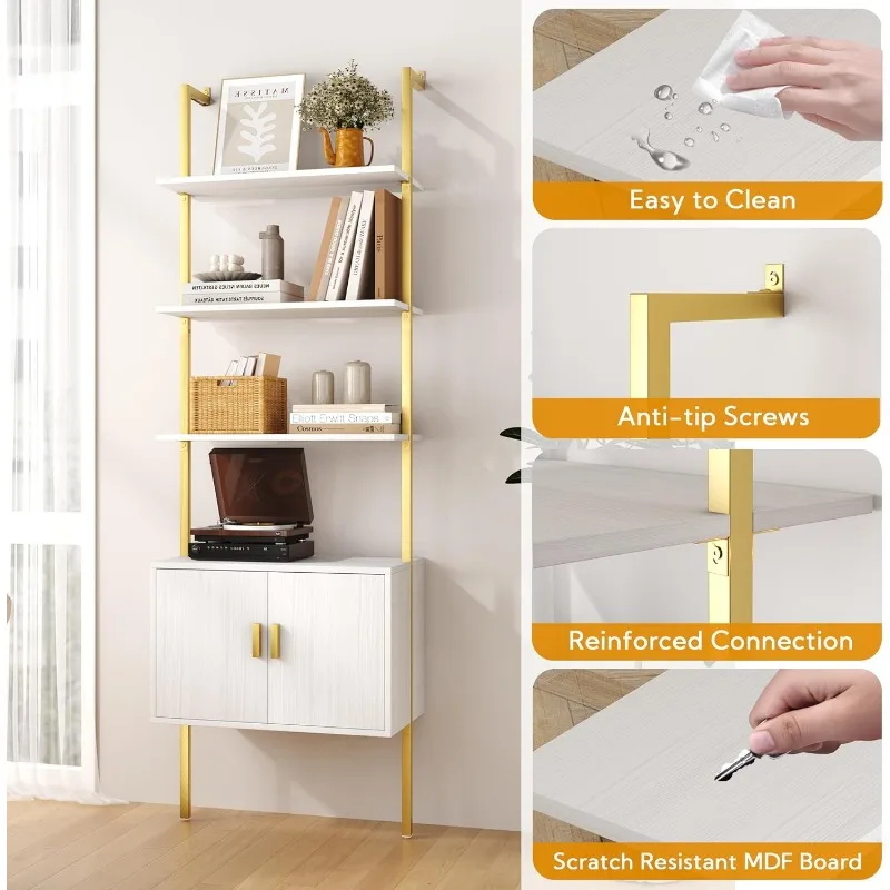 

2025 73" Tall Bookshef with Cabinet, Frame, 5 Tier Plant Shelf Display Storage Shelves for Living Room Bedroom, White Gold