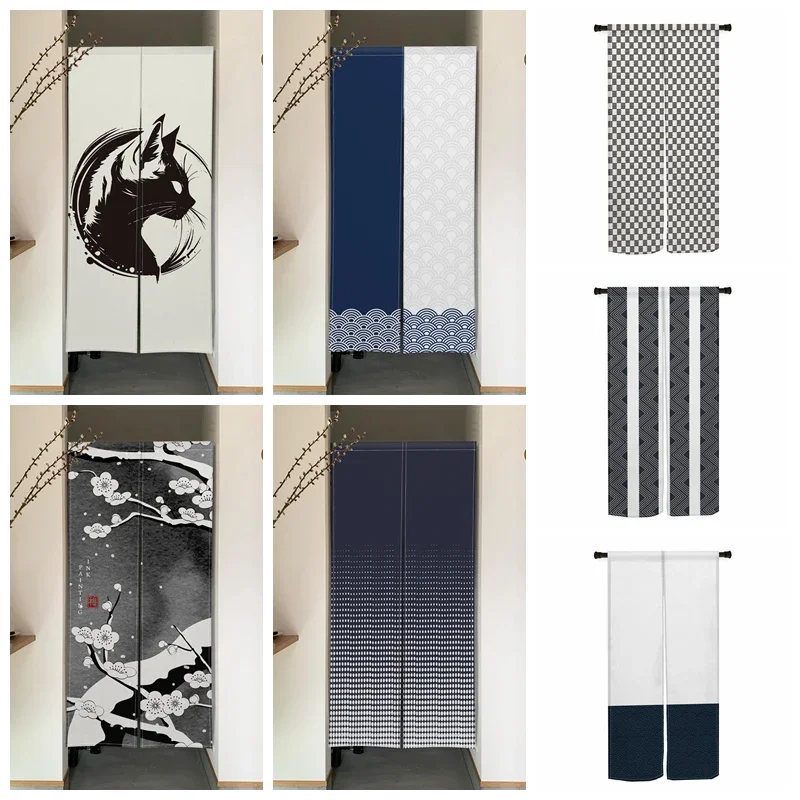 Japanese Noren Door Curtains Cat Plum Blossom Izakaya Dining Room Partition Linen Doorway Curtain Kitchen Entrance Half Curtain
