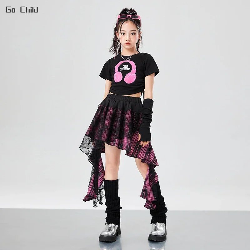 Hip Hop Girls Crop Top Street Dance Gauze K-pop Plaid Skirts Kids Streetwear Children Jazz Cheerleader Costumes Clothes Sets