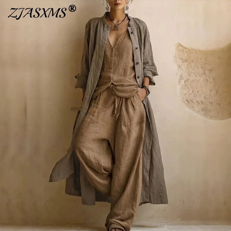 Vintage 3 Piece Suit Women Open Front Long Sleeveless V Neck Vest Elastic Waist Wide Leg Pants Pocket Daily Travel Loose Outfits