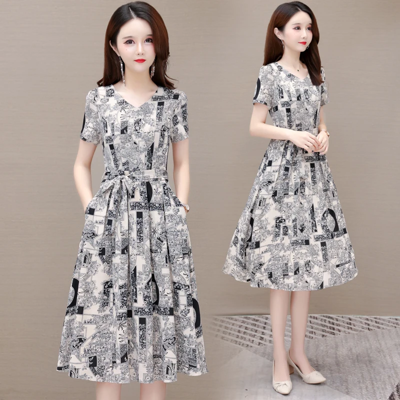 Summer Fashion Silk Mulberry Silk Printed Dress For Women 2023 New Korean V-neck Short Sleeve Loose Fit Holiday Dress Vestidos