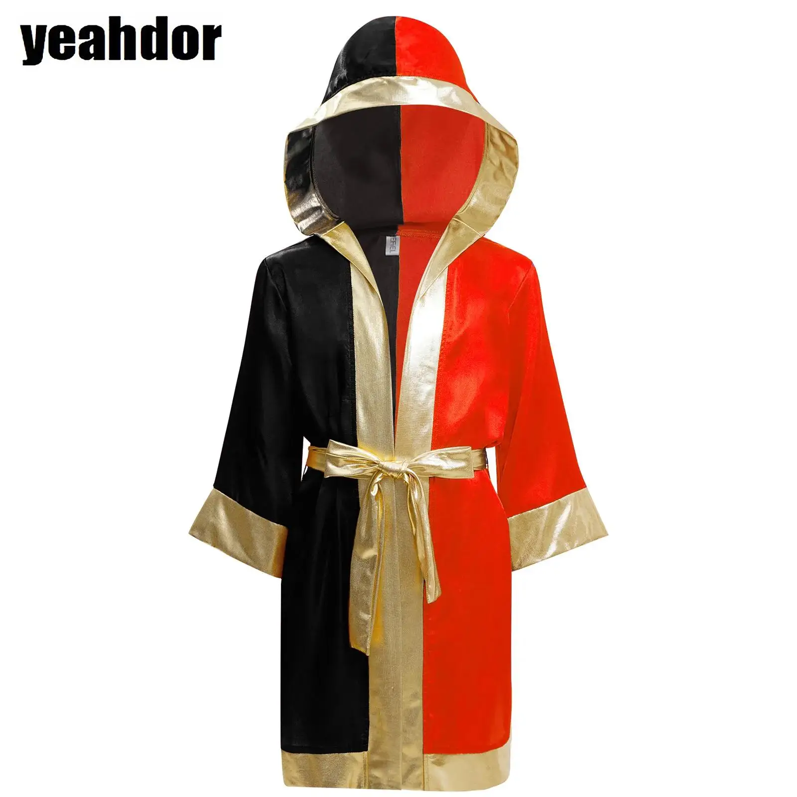 

Boys Boxing Robe Boxer Cosplay Costume Long Sleeve Hooded Cloak Kickboxing Gown with Metallic Belt Boxing Match Halloween Party