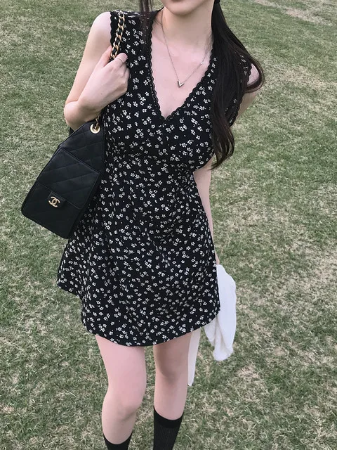 Sweet Summer New Style Lace Splice Print Short Dress Korean Style Floral Print  Dress for Women Girls Student Casual Wear