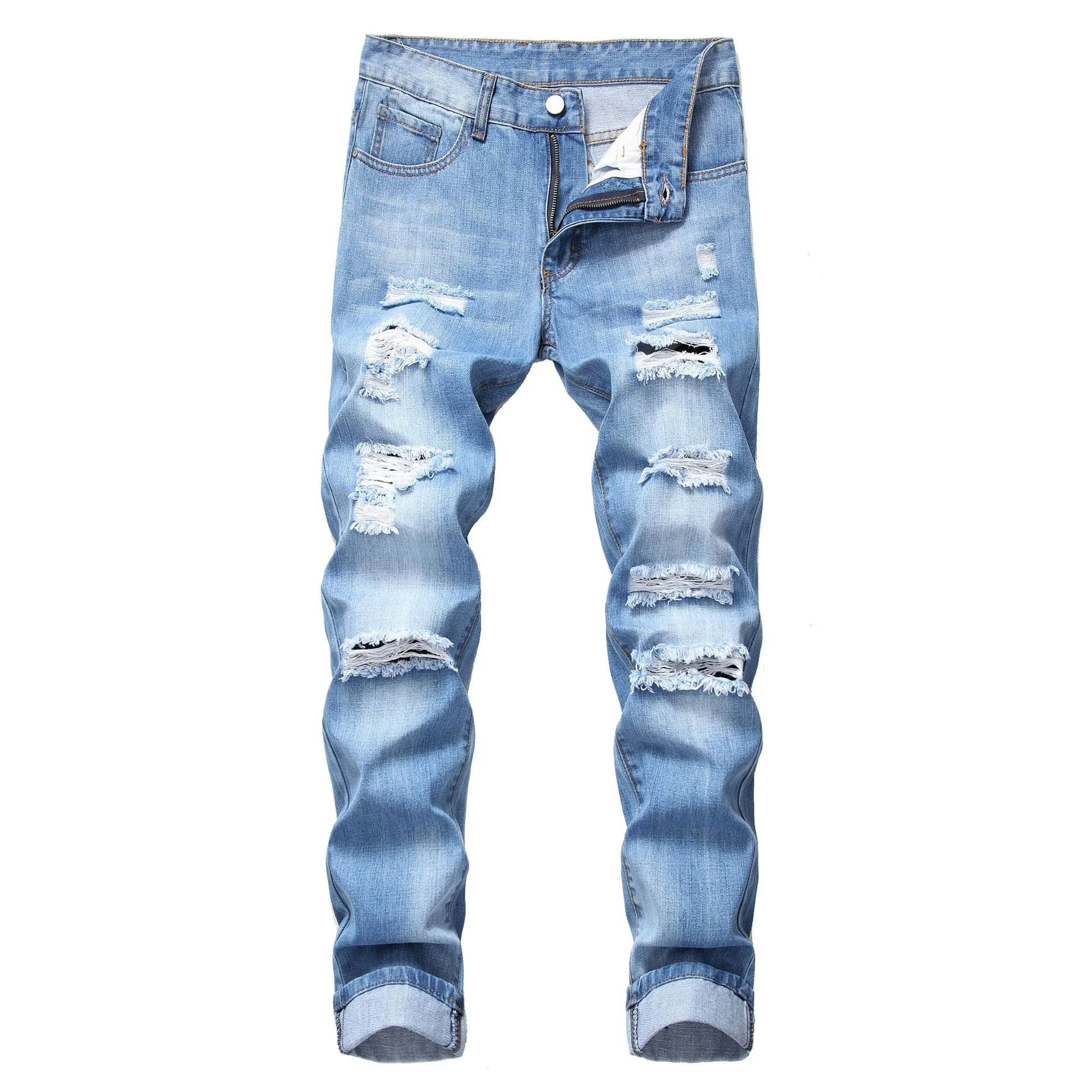 Men Slim Straight Hole Patched Casual Trendy Simple Daily Blue Denim Trousers Four Seasons Fashion Basic Jeans Pants Clothes