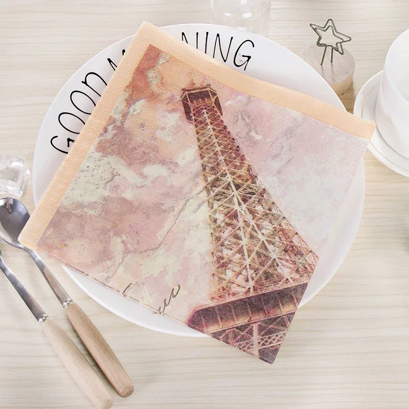 20pcs/Pa 2-Ply 33*33cm Color Eiffel Tower Printing Napkins Square Paper Party Wedding Wine Glass Folding Paper Placemat Cheap