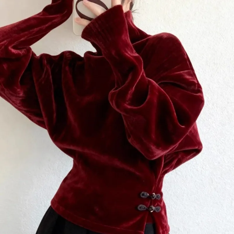 Chinese National Style Christmas and New Year Burgundy Button-down Slit-neck Velvet Top Women's Winter Bottoming Shirt Exquisite