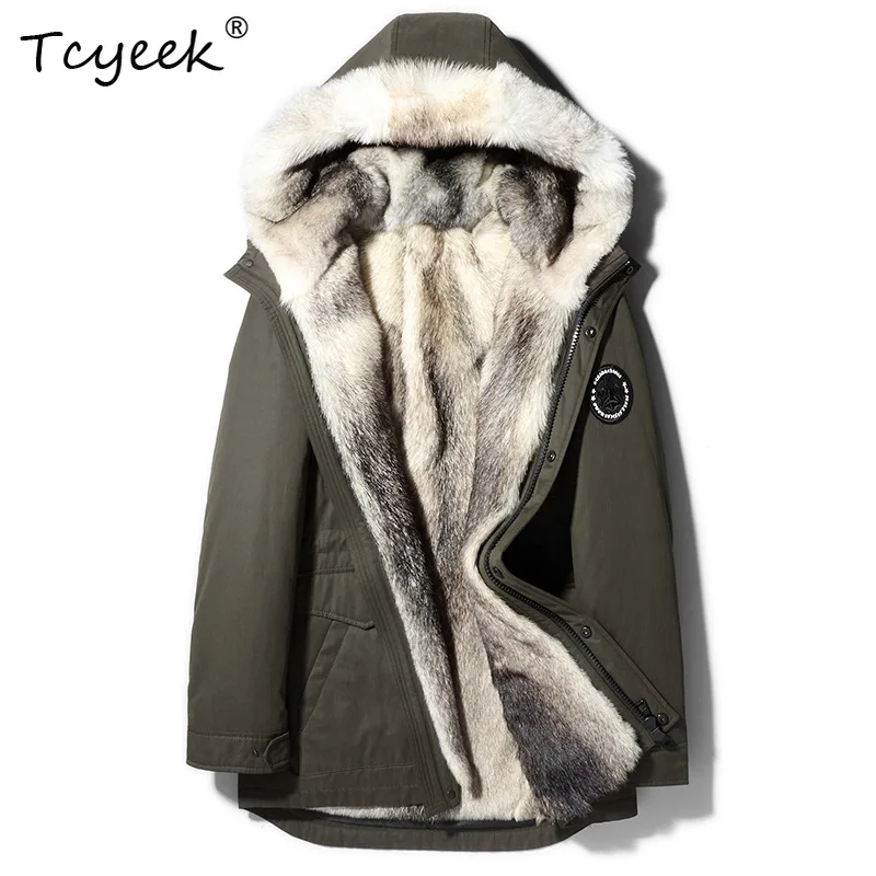 Tcyeek 本物の毛皮コート メンズ 取り外し可能な裏地付き 冬服 ミドル丈パーカー アウトドア ウルフファーコート 男性用 2025 フード付きコート