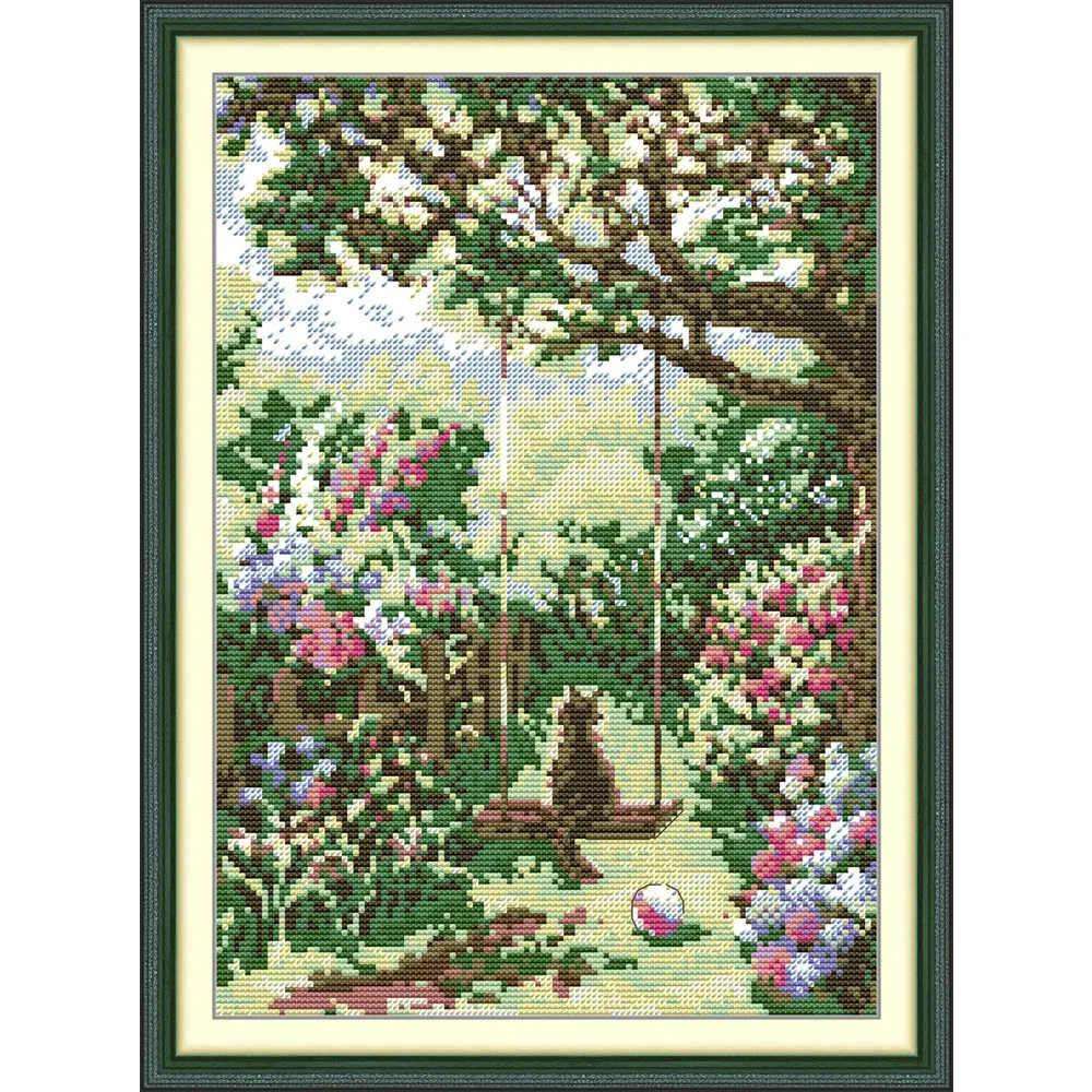Joy Sunday News Pre-Printed Cross Stitch Kit, Stamped Aida Fabric With DMC Threads, Embroidery Kit - The Swing In The Garden